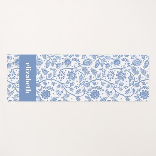 Blue White Floral Botanical Pattern Custom Name ヨガマット (正面(横))