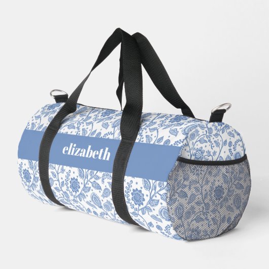 Blue White Floral Botanical Pattern Name Modern ダッフルバッグ (右コーナー)