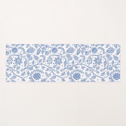 Blue White Floral Botanical Pattern Whimsical Boho ヨガマット (正面(横))