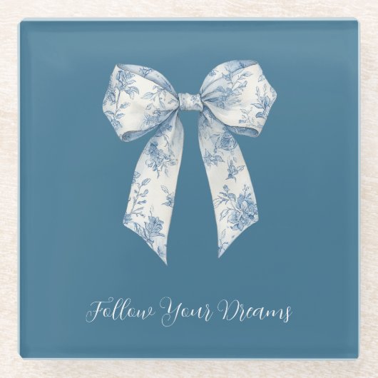 Blue White Floral Bow ガラスコースター (正面)