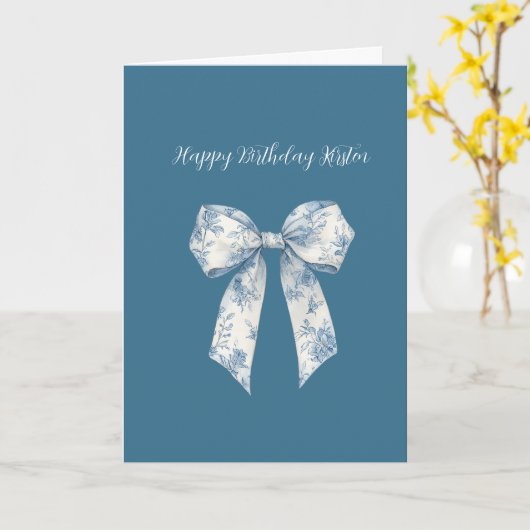 Blue White Floral Bow Birthday カード (黄色い花)