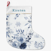 Blue White Floral Christmas ラージクリスマスストッキング (正面)
