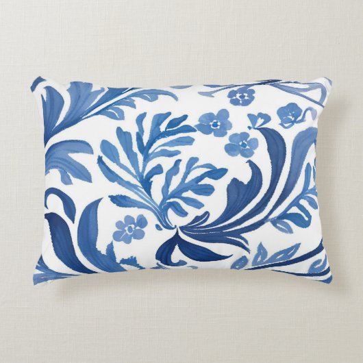 Blue & White Floral Design | Chinoiserie Pattern アクセントクッション (正面)