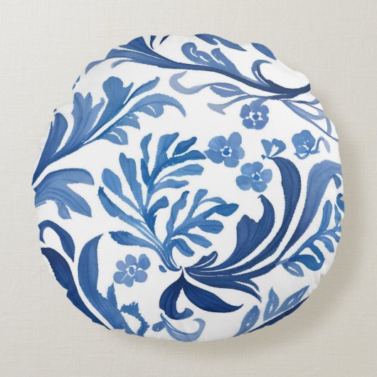 Blue & White Floral Design | Chinoiserie Pattern ラウンドクッション (正面)