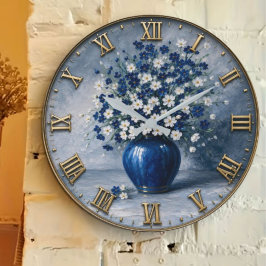 Blue & White Floral Elegant Ceramic Vase Art ラージ壁時計