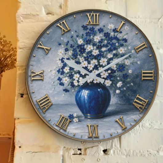 Blue & White Floral Elegant Ceramic Vase Art ラージ壁時計