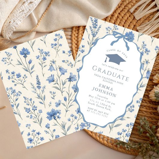 Blue White Floral Graduation Party 招待状