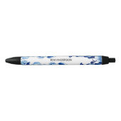 Blue White Floral Pen with Customizable Name 黒ボールペン (正面)
