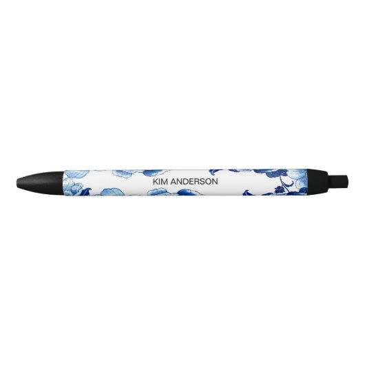 Blue White Floral Pen with Customizable Name 黒ボールペン (正面)