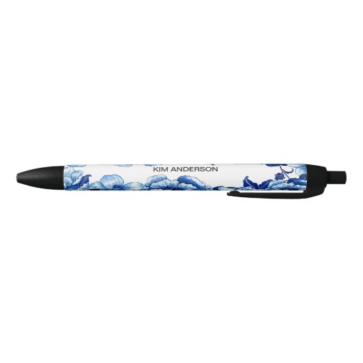 Blue White Floral Pen with Customizable Name 黒ボールペン (ボトム)