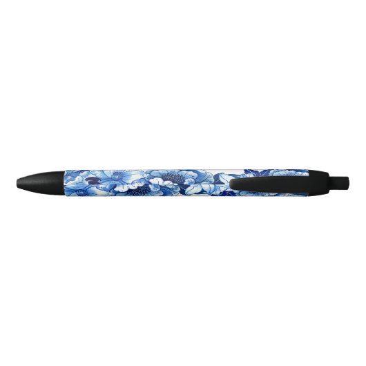 Blue White Floral Pen with Customizable Name 黒ボールペン (裏面)