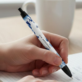 Blue White Floral Pen with Customizable Name 黒ボールペン