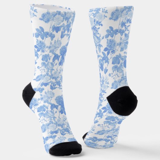 Blue White Floral Roses French Chinoiserie Pattern ソックス (傾斜あり)