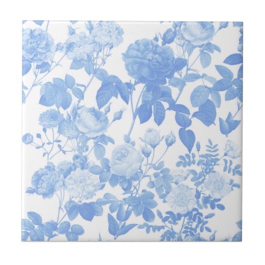 Blue White Floral Roses French Pattern タイル (正面)