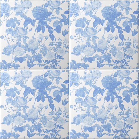 Blue White Floral Roses French Pattern タイル
