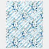 Blue White Floral Stripe Patterned Coastal Fleece フリースブランケット (正面)