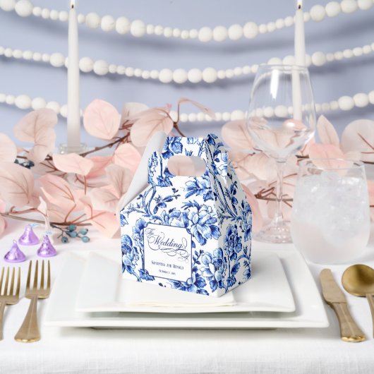 Blue & White Floral Toile with Calligraphy Wedding フェイバーボックス (ウェディング)