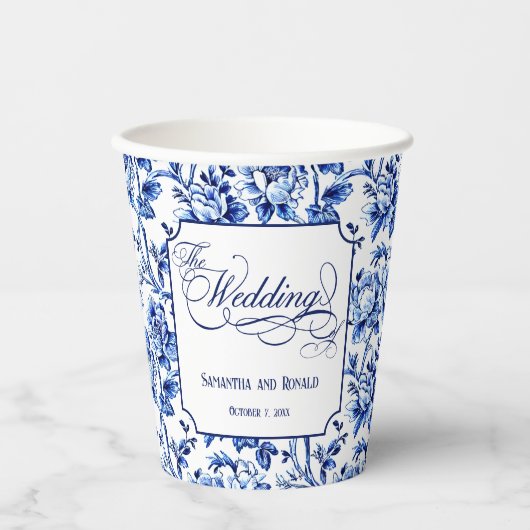 Blue & White Floral Toile with Calligraphy Wedding 紙コップ (正面)