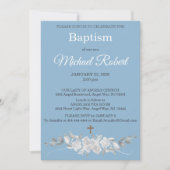 Blue White Floral Watercolor Cross Baptism 招待状 (正面)