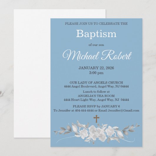Blue White Floral Watercolor Cross Baptism 招待状 (正面/裏面)