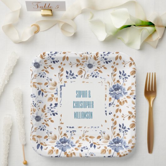 Blue White Floral Wedding ペーパープレート (ウェディング)