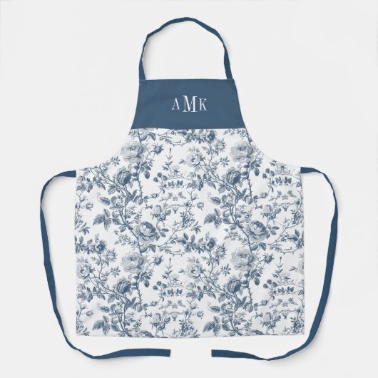 Blue White French Toile Monogram Apron エプロン (正面)