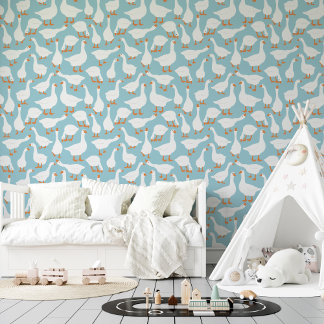 Blue White Fun Geese Seamless Pattern 壁紙