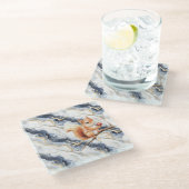 Blue White Gold Abstract Squirrel Apple ガラスコースター (アングル)