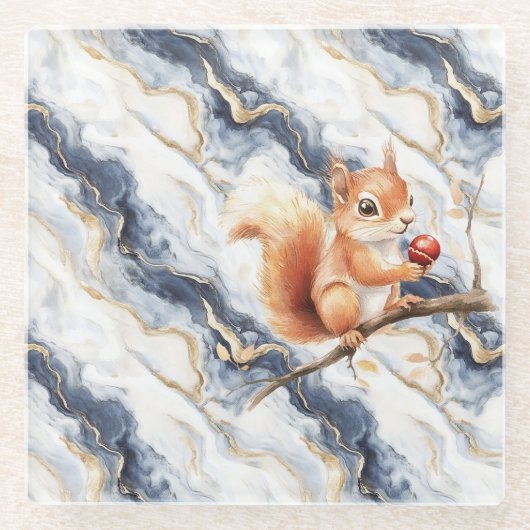 Blue White Gold Abstract Squirrel Apple ガラスコースター (正面)