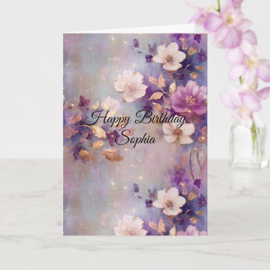 Blue White Gold Purple Floral Birthday カード (蘭)