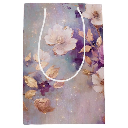 Blue White Gold Purple Floral Birthday ミディアムペーパーバッグ (正面)