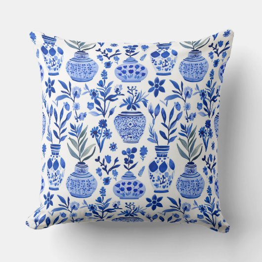 Blue White Green Chinoiserie Vase Pattern クッション (正面)