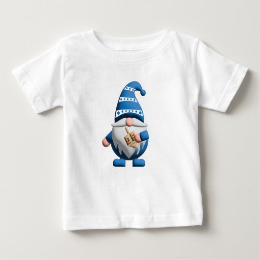 Blue White Hanukkah Gnome holding Dreidel ベビーTシャツ (正面)