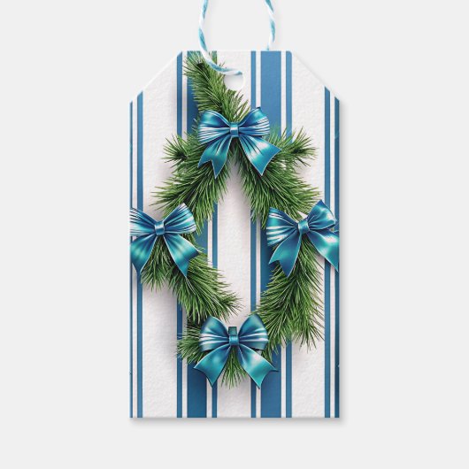 BLUE & WHITE HOLIDAY BOWS & STRIPES WITH GARLAND ギフトタグ (正面)