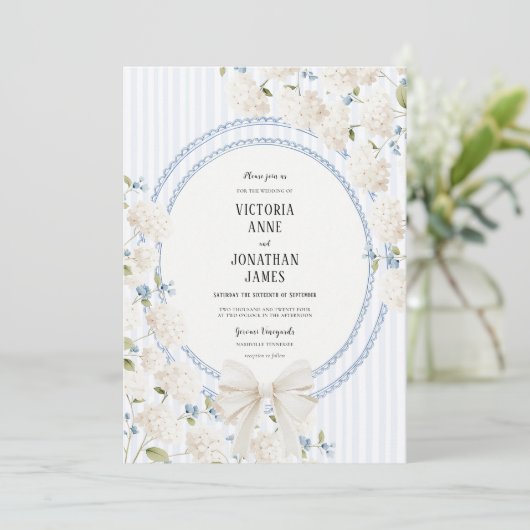 Blue White Hydrangea Stripe Vintage Wedding 招待状 (スタンド正面)