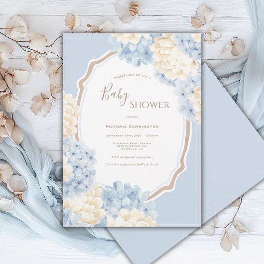 Blue & White Hydrangeas Vintage Baby Shower 招待状