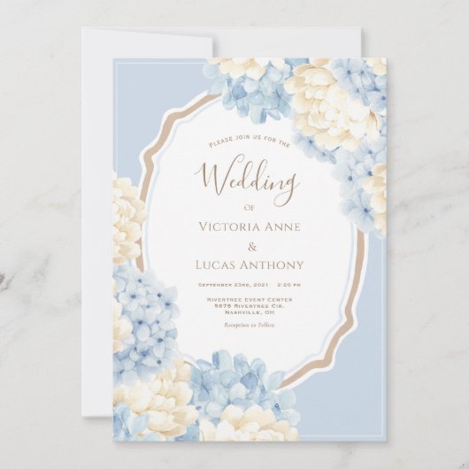 Blue & White Hydrangeas Vintage Wedding 招待状 (正面)
