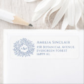 Blue white leaves wedding return address ラベル (インサイチュ)