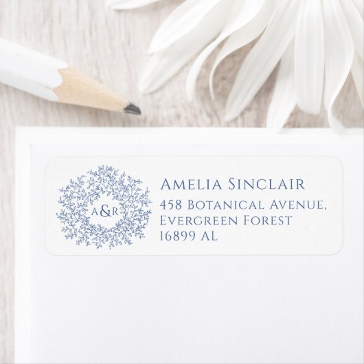 Blue white leaves wedding return address ラベル (インサイチュ)