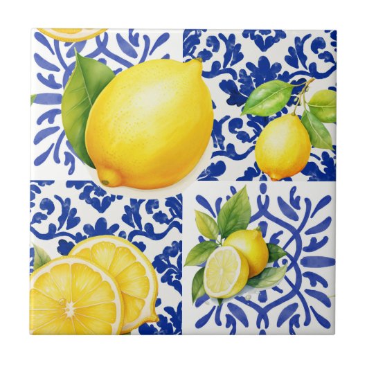 Blue White Lemon Pattern Mediterranean Citrus タイル (正面)