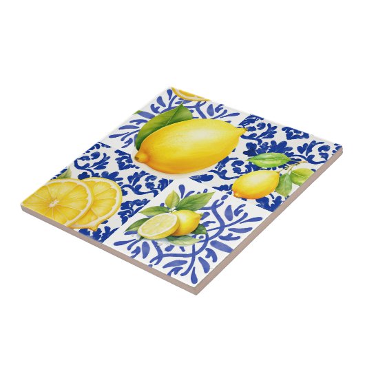 Blue White Lemon Pattern Mediterranean Citrus タイル (側面)