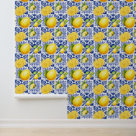 Blue White Lemon Pattern Mediterranean Citrus 壁紙