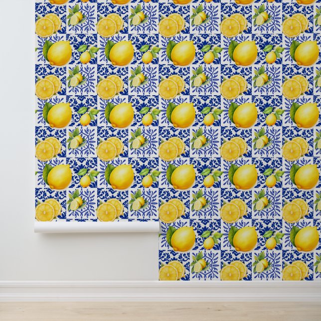 Blue White Lemon Pattern Mediterranean Citrus 壁紙 (アプリケーション)