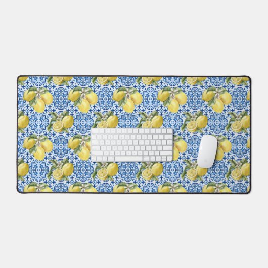 Blue White Lemon Tile Mediterranean Pattern デスクマット (キーボード&マウス)