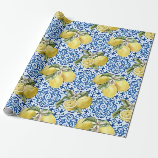 Blue White Lemon Tile Mediterranean Pattern ラッピングペーパー (アンロールド)