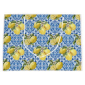 Blue White Lemon Tile Mediterranean Pattern ラージペーパーバッグ (正面)
