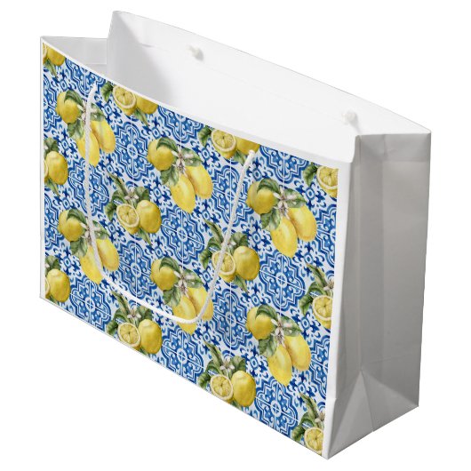 Blue White Lemon Tile Mediterranean Pattern ラージペーパーバッグ (正面アングル)