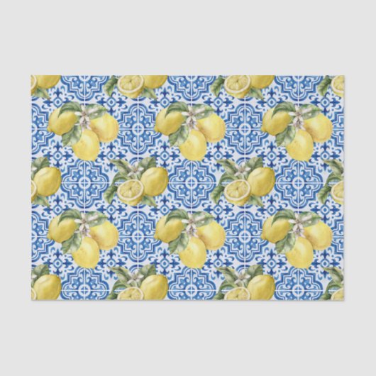 Blue White Lemon Tile Mediterranean Pattern 薄葉紙 (正面)