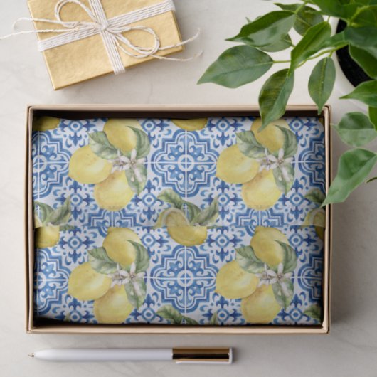 Blue White Lemon Tile Mediterranean Pattern 薄葉紙 (ギフト)