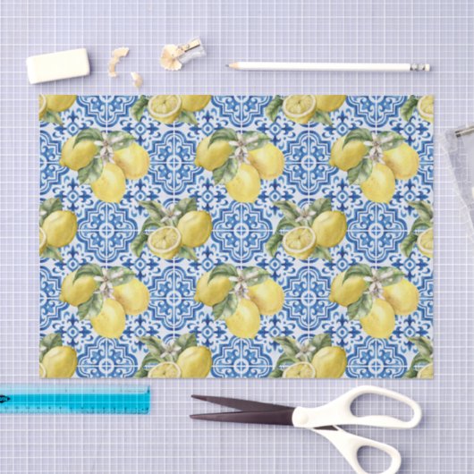 Blue White Lemon Tile Mediterranean Pattern 薄葉紙 (クラフト)